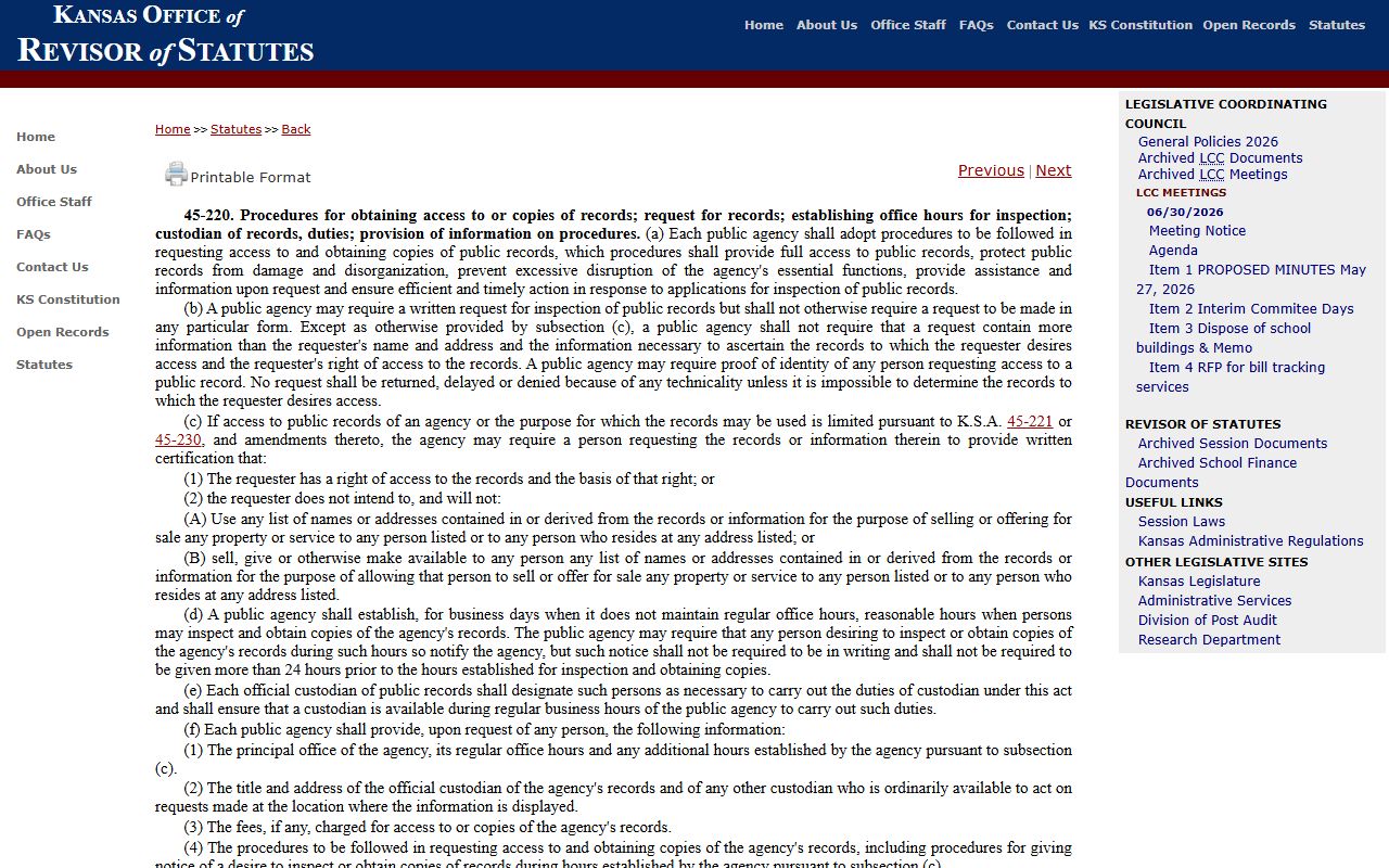 Jewell County Clerk of the District Court K.S.A. 45-220 records request procedures