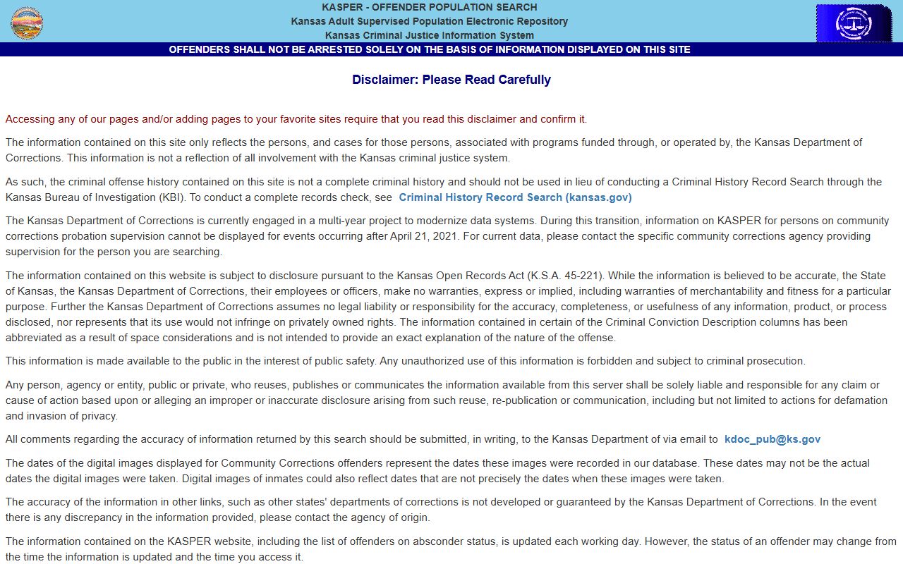 Jewell County inmate search KDOC KASPER search fields