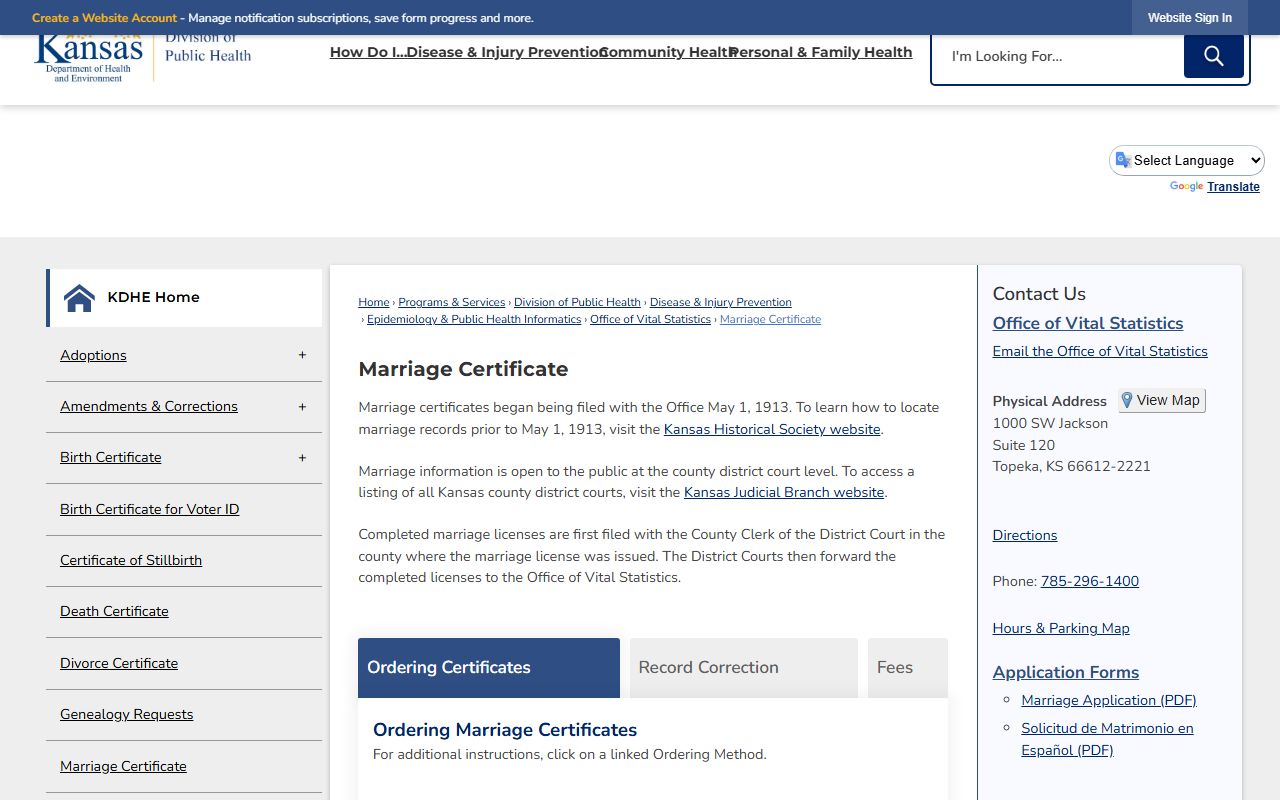 Jewell County marriage records KDHE marriage certificate page