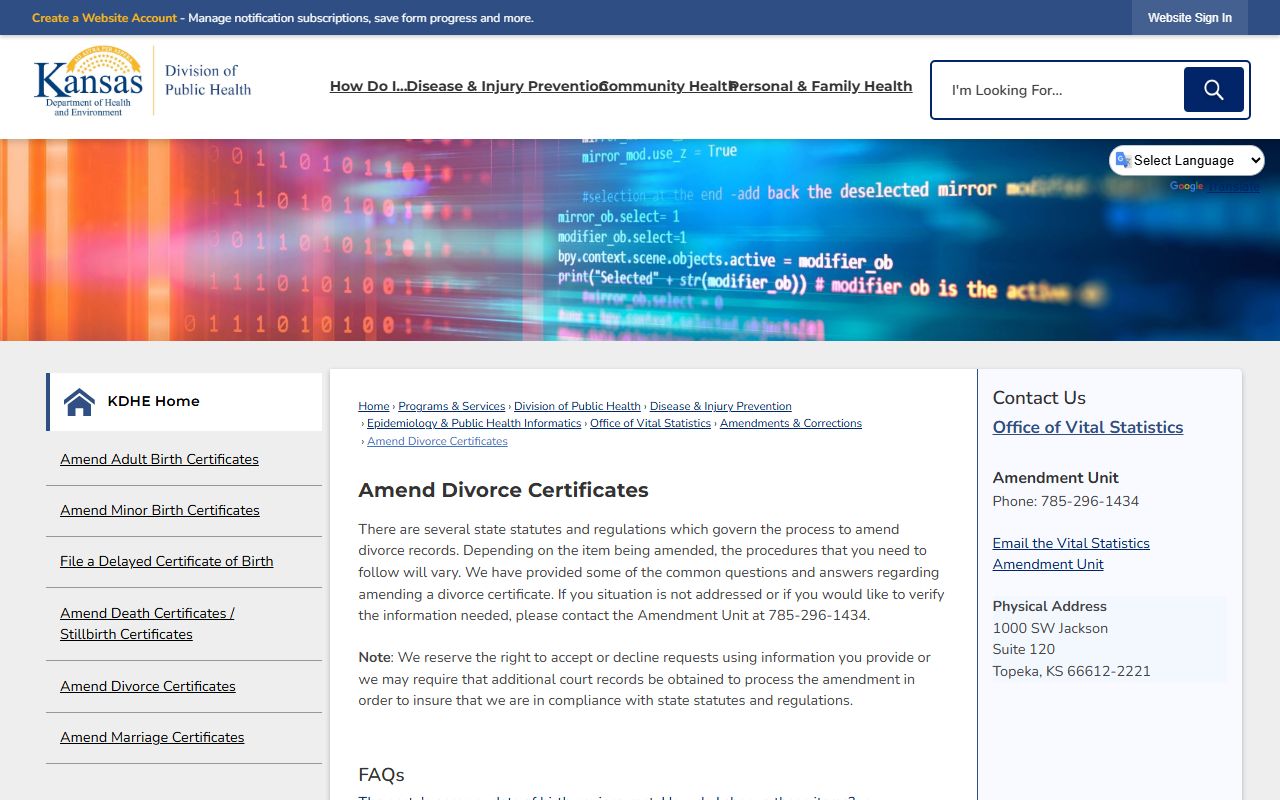 Jewell County divorce records KDHE divorce certificate amendments