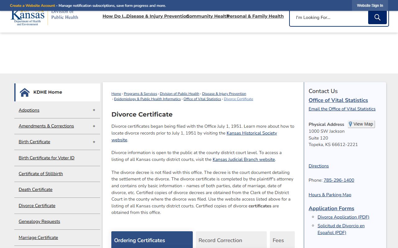 Jewell County divorce records KDHE divorce certificate page